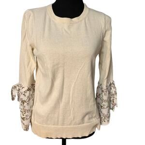 Loft Outlet Women's Floral Cuff Mixed Media Cream Sweater Size Petite Medium